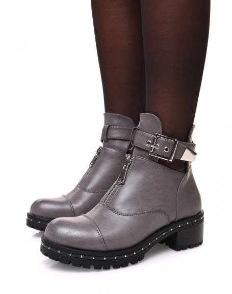 Gray openwork ankle boots with strap