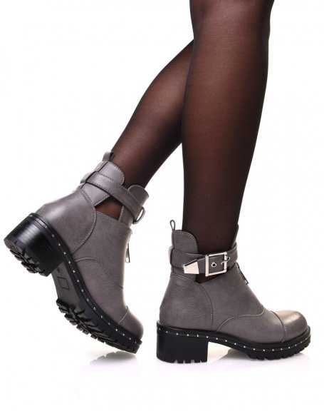 Gray openwork ankle boots with strap