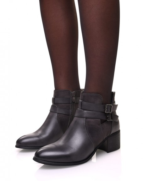 Gray openwork mid-heel ankle boots
