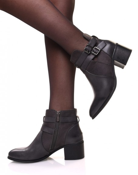 Gray openwork mid-heel ankle boots