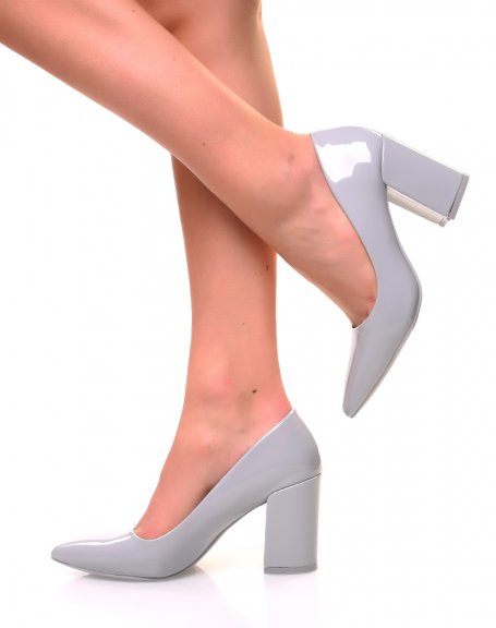 Gray patent pumps with square heels and pointed toes