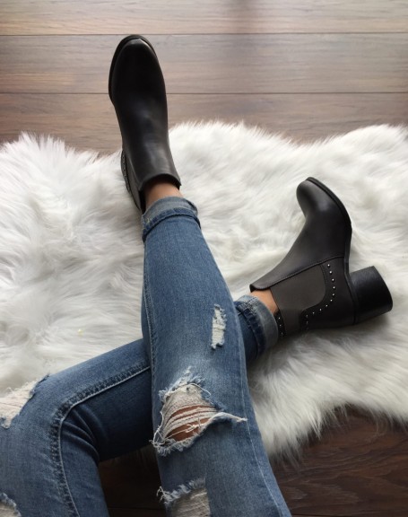 Gray studded ankle boots with small heels