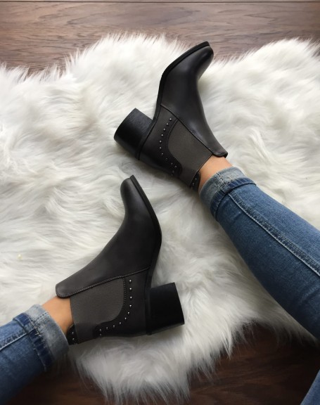 Gray studded ankle boots with small heels