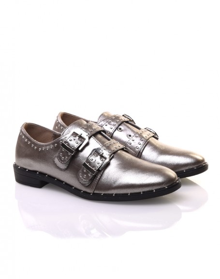 Gray studded derbies with buckles