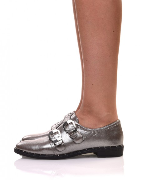 Gray studded derbies with buckles