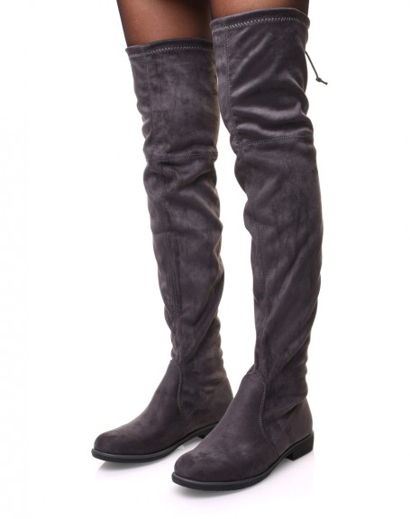 Gray suedette adjustable thigh-high boots