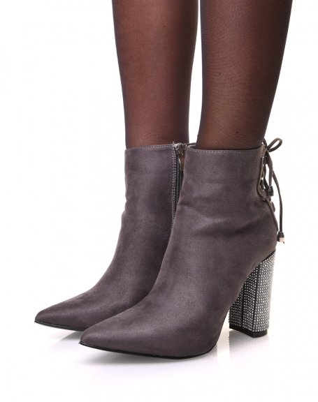 Gray suedette ankle boots with rhinestone heel