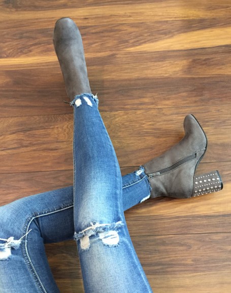 Gray suedette ankle boots with studded heels