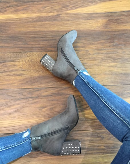 Gray suedette ankle boots with studded heels