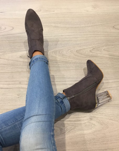 Gray suedette ankle boots with transparent heel