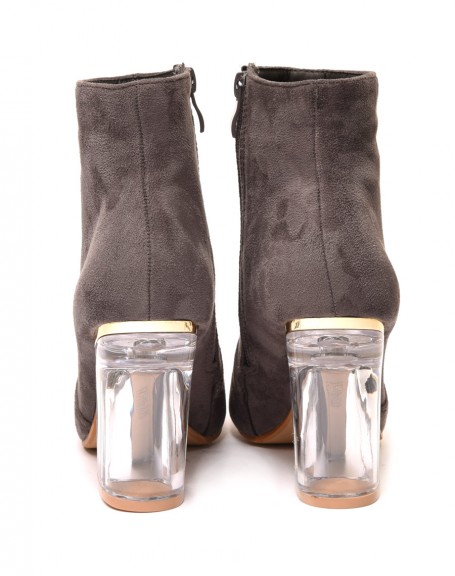 Gray suedette ankle boots with transparent heel