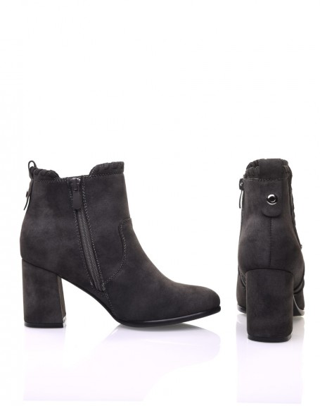 Gray suedette ankle boots with twisted details