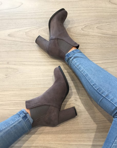 Gray suedette chelsea boots with heel