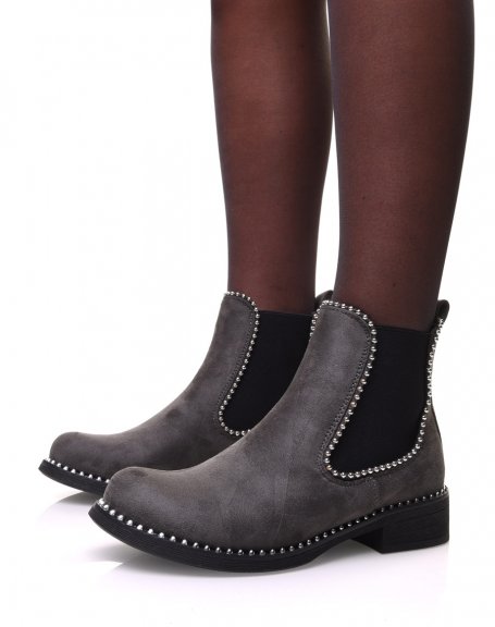 Gray suedette chelsea boots with pearl details