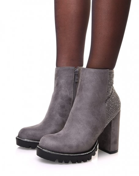 Gray suedette chelsea boots with rhinestone details and heels