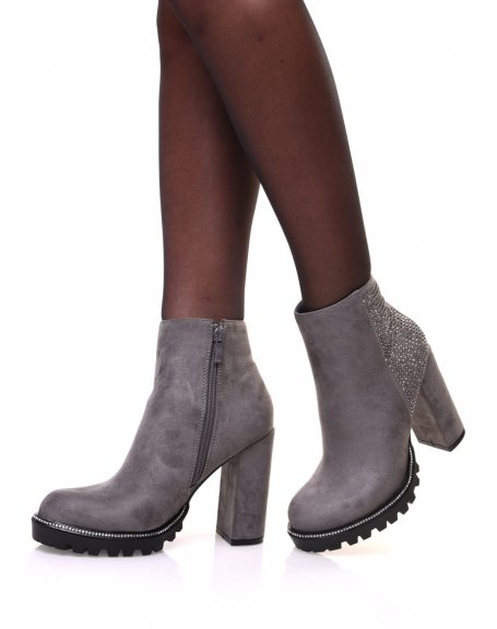 Gray suedette chelsea boots with rhinestone details and heels