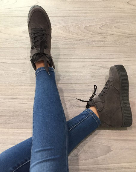 Gray suedette lace-up high-top sneakers