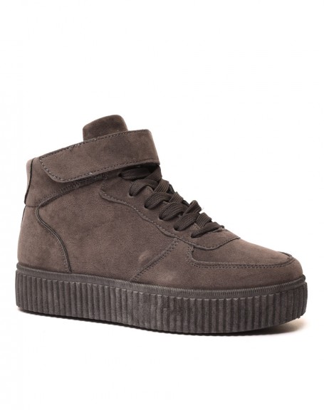 Gray suedette lace-up high-top sneakers