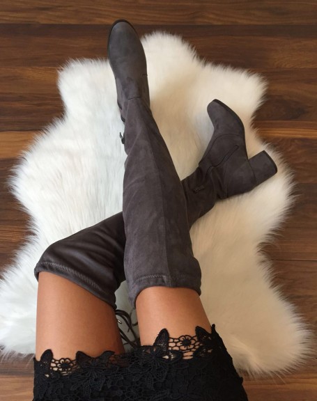 Gray suedette thigh-high boots with mid heels