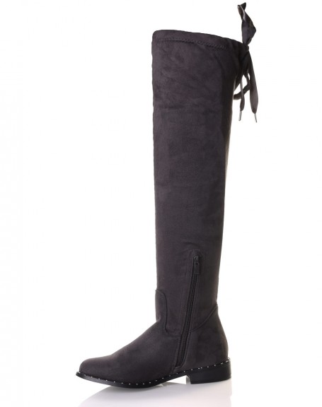 Gray suedette thigh-high boots with studded soles