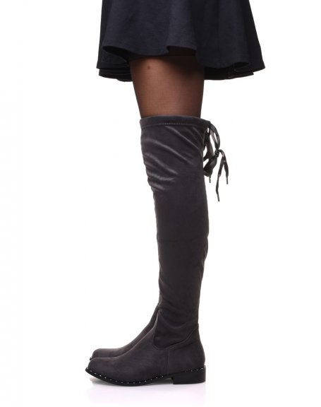 Gray suedette thigh-high boots with studded soles