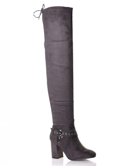 Gray suedette thigh-high boots with studded straps