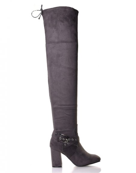 Gray suedette thigh-high boots with studded straps