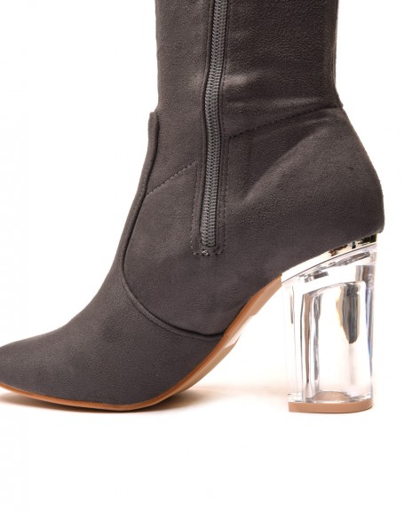 Gray thigh-high boots with transparent heel