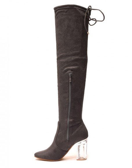 Gray thigh-high boots with transparent heel