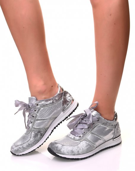 Gray velvet and croc-effect sneakers with ribbons