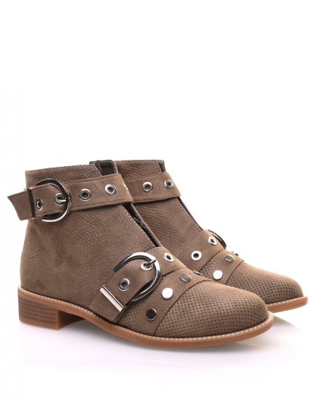 Green ankle boots with studded straps open at the front