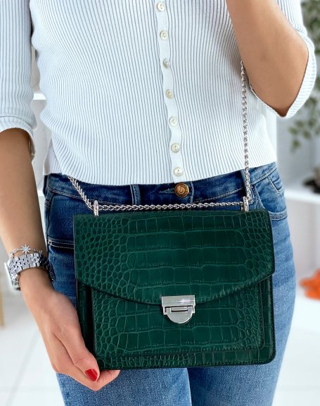 Green croc-effect bag with silver chain shoulder strap