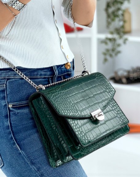Green croc-effect bag with silver chain shoulder strap