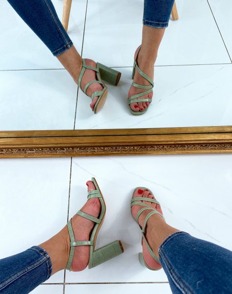 Green croc-effect multi-strap heeled sandals