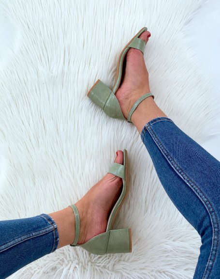 Green croc-effect sandals with low heel