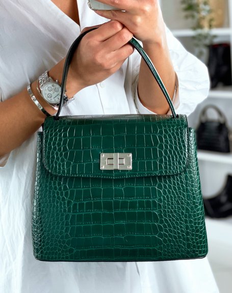 Green croc-effect trapeze handbag