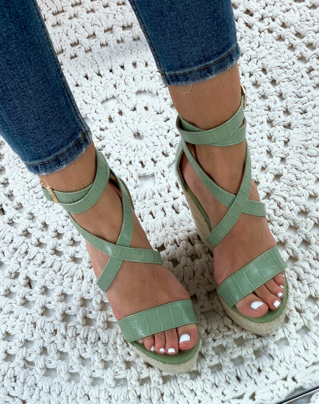 Green croco wedge sandals
