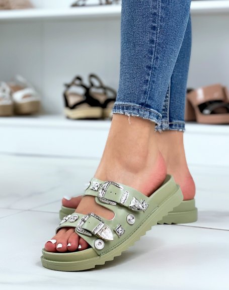 Green double strap mules with silver jewels