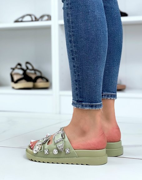 Green double strap mules with silver jewels
