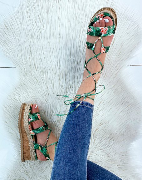 Green floral wedge sandals