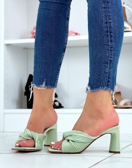 Green heeled mules with a chunky knotted strap