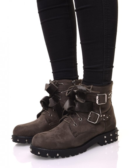 Green lace-up studded ankle boots