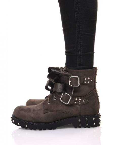 Green lace-up studded ankle boots