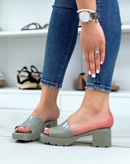 Green patent mules with small square heel