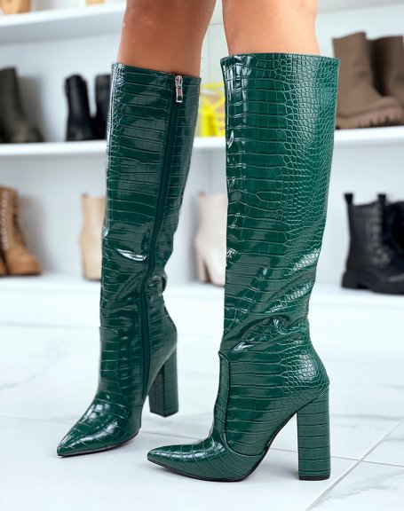 Green pointed croc-effect heeled boots
