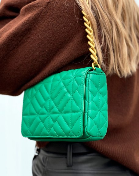 Green quilted shoulder bag with large golden chain