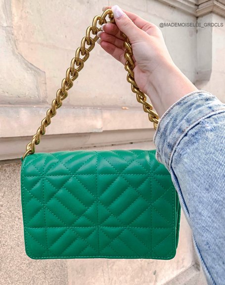 Green quilted shoulder bag with large golden chain