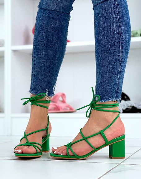 Green sandals with small heel and multiple straps
