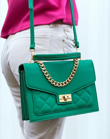 Green satchel style handbag with gold chain