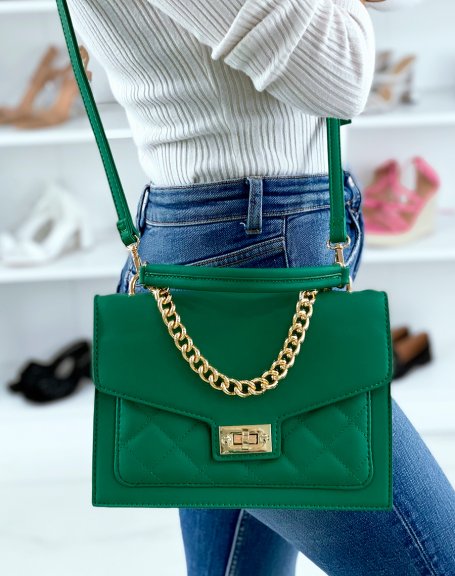 Green satchel style handbag with gold chain